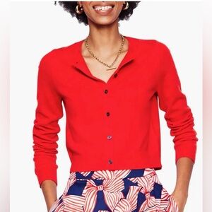 NWT M BODEN Red cotton-elastin cozy stretch crop cardigan classic preppy boho